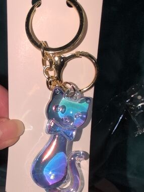 Iridescent Cat Keychain  Bag Charm Gold Tone Hardware
